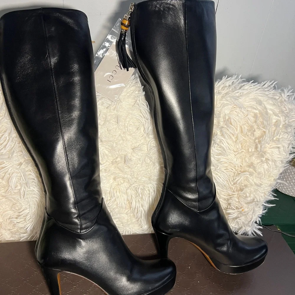 Gucci Knee High Tassel Boot EU 37  US 7Black Leather High Heel Platform - Picture 2 of 16